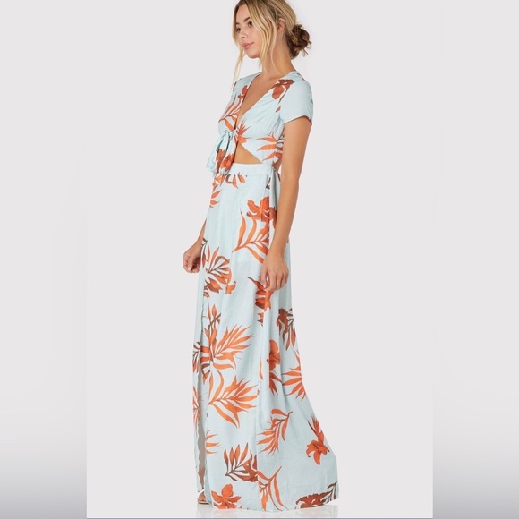 Latiste Mint Blue/Tropical Leaf Orange Island Hop Cut Out Maxi Dress. NWT Size S - Picture 11 of 13